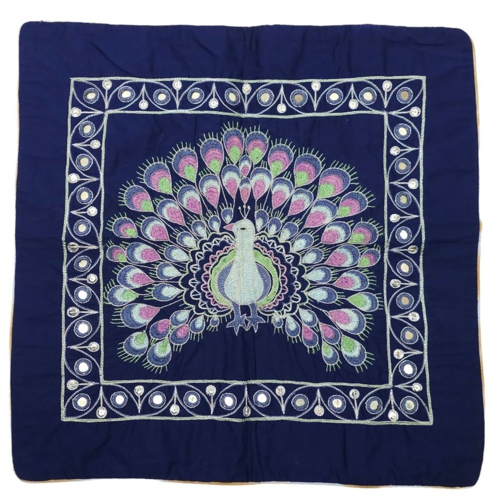 Vintage 90s Bangladesh Baptist Mission Handcrafted Peacock Square PIllowcase